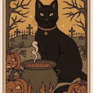 a black cat sitting on top of a caulder filled with food next to pumpkins Salem Halloween Aesthetic Knight Of Cups, Witchy, Black Cat Art, Halloween Wall Art, Sphynx, sienna