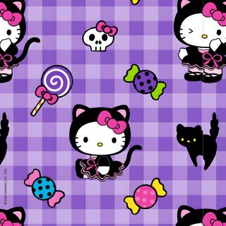 an image of hello kitty wallpaper with skulls and cats on purple checkered background Purple Hello Kitty Halloween Sanrio Hello Kitty Halloween, Hello Kitty And Friends Halloween Background, Kitty Halloween Background,