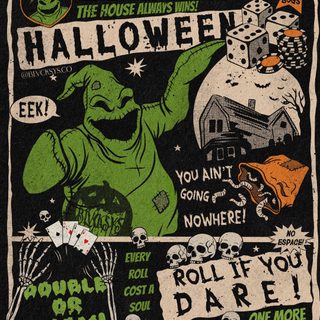 a poster with an image of a green monster and other things on it that says trick or treat the house always has Halloween Bogey Halloween Illustrations, Poster Ideas, Halloween Disney, Oogie Boogie Man, black