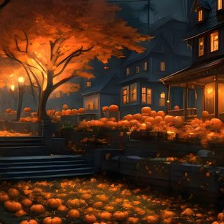 a painting of pumpkins in front of a house at night Bing Halloween Halloween Nature, Cozy Halloween, Halloween Scenery Pictures, Halloween Screensavers, black