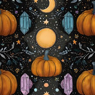 a black background with pumpkins, stars and crystals on it's sides in the night sky Halloween Pumpkins And Stars Scattered Pattern, dark slate gray