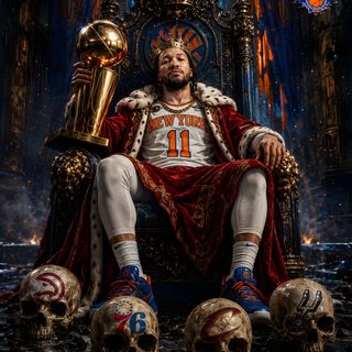 a man sitting on top of a golden throne holding a trophy and two skulls in front of him Halloween Nba Nba Finals, New York Knicks, Nba, Basketball, New York, black