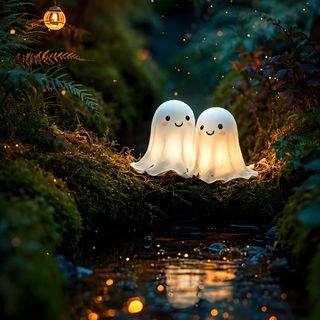 two white ghost statues sitting on top of a moss covered forest next to a body of water Halloween Duo Ghost Iphone, Fall Ghost, Cute Ghost, Halloween Cute, Airbnb Rentals, Sparkling Lights, black