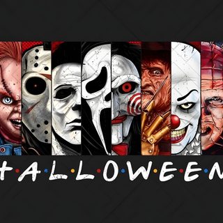 an image of halloween characters with the words happy halloween on it's front and side Halloween Horror Friends Horror Characters Friends, Horror Characters All Together, Halloween Horror Friends, black