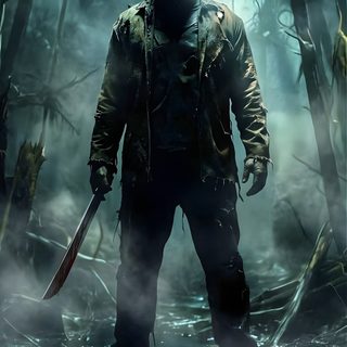 a man standing in the middle of a forest holding a knife and wearing a mask Jason Halloween Friday The 13th Jason, Jason Voorhees, Jason Vorhees, Amazing Christmas Trees, dark slate gray