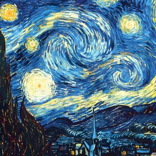 the starry night painting is shown with buildings and trees in the foreground, Van Gogh Starry Night Halloween Starlight Night Van Gogh, Notebook Van Gogh, Hardest Painting In The World, dark slate blue