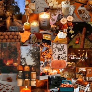 a collage of pictures with pumpkins, candles and other things on it's surface Preppy Halloween Collage saddle brown