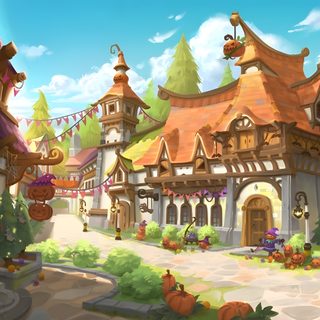 an animated image of a halloween town with pumpkins Halloween Village For Pc Cozy Village, Detailed Fantasy Village Design, Fantasy Village Design, gray