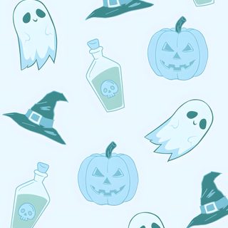 halloween seamless wallpaper with pumpkins, bottles and ghost faces in blue on a white background Light Blue Halloween Light Blue Halloween, Blue Halloween Aesthetic, Light Blue Halloween Aesthetic,