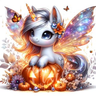 a cute little pony sitting on top of a pumpkin with butterflies flying around her head Halloween Unicorn tan