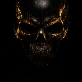 a black and gold skull in the dark Black And Gold Halloween Yellow Artwork, Black And Gold, Black Gold Aesthetic, Gold And Black,