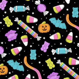 an image of halloween candy and candies pattern on black background with stars, stripes, and pumpkins Halloween Fabric Candy Halloween Design black