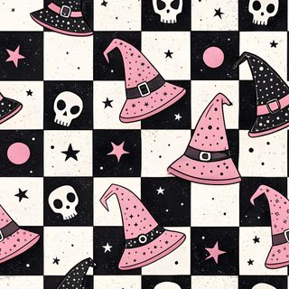 a black and white checkerboard with pink witches on it's side, skulls in the background Halloween Plaid Pink Custom Pink Halloween Vintage, Pastel Halloween Aesthetic, Pink Vintage Halloween,