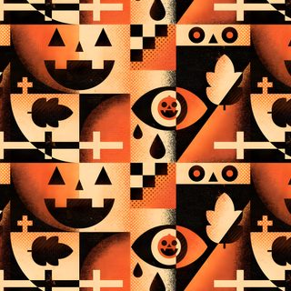 an orange and black abstract painting with faces, trees, and shapes in the background Geometric Halloween Halloween Geometric Shapes, Halloween Tiles Pattern Design, Halloween Pattern Graphic Products, chocolate