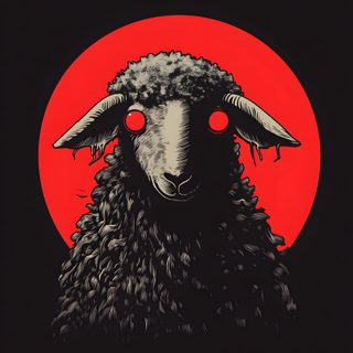 a black sheep with red eyes standing in front of a red sun Halloween Sheep Devil Sheep, Black Sheep Drawing, Sheep Demon, Black Sheep Artwork, Black Sheep Art,