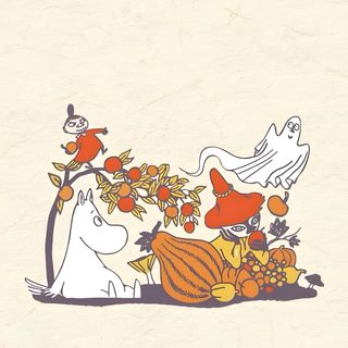 an image of a cartoon character with pumpkins and ghost on his back, in the background Moomin Halloween Halloween, Iphone Background, Tove Jansson, Pattern, Animals, Iphone, beige