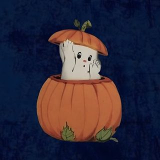 a white cat in a pumpkin costume on a blue background with green leaves and branches Halloween Widget Ideas black