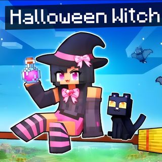an animated image of a witch sitting on a broom Halloween Aphmau Minecraft Witch Costume, How To Draw A Minecraft Witch, Minecraft Witch Cat, cornflower blue