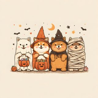 three dogs dressed up in halloween costumes Halloween Dog Hd Shiba Inu Halloween, Shiba Inu Halloween Drawing, Cute Halloween Dog Drawing, antique white