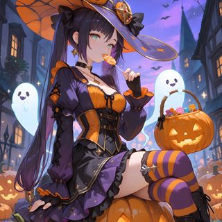 a woman dressed as a witch sitting on top of a pumpkin Halloween Genshin Devil Halloween, Fantasy Witch, Ninja Art, Disney Story, Anime Halloween, dim gray