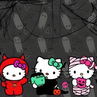 hello kitty halloween wallpapers with pumpkins and cats in the background, all dressed up Halloween Kitty Halloween Ipad Aesthetic, Halloween Tablet, Hello Kitty Halloween For Ipad, dark slate gray