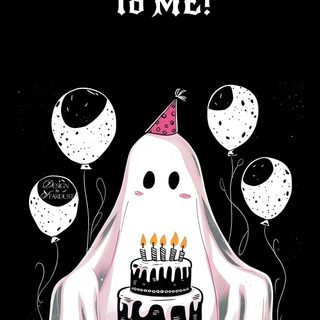 a birthday card with a ghost holding a cake Cute Halloween Birthday Halloween Birthday Art, Goth Birthday, Birthday Goth, Happy Bday Aesthetic, black