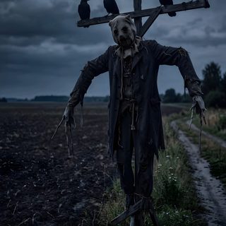 a scarecrow with crows on his head holding a cross Halloween Scarecrow Scary Scarecrows, Constantine Movie, Haunted Scarecrow, Scary Scare Crow, dark slate gray