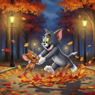 the cat and mouse are playing in the park with autumn leaves on the ground, Tom And Jerry Halloween Tom And Jerry Photos, Nature Photography Animals, Tom And Jerry Pictures, dark olive green