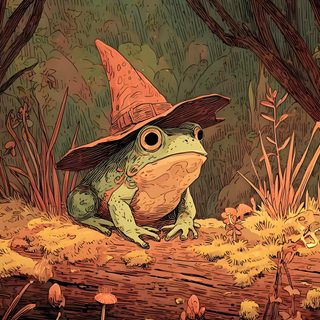 a frog with a hat sitting on top of a log in the woods next to skulls Frog Halloween Woodland Fantasy, Goblincore Frog, Illustrated Art, Feywild Creatures, dark olive green