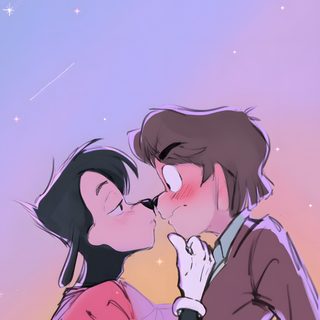 two people kissing each other with stars in the background Max And Tommy Halloween Goofy And Max, Maxly The Goofy Movie, The Goofy Movie Fanart, light steel blue