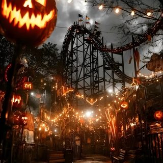 an image of a scary halloween scene with jack o lantern on the street and lights strung across the road Scary Halloween Gif Happy Halloween Gif, Halloween Live, Happy Halloween Pictures, dark olive green