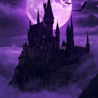 a castle in the sky with bats flying around it Dark Purple Halloween Purple Halloween, Spiritual Art, Tattoo Work, Favorite Color, midnight blue