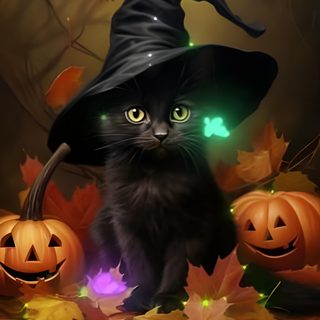 a black cat wearing a witches hat surrounded by pumpkins Cat Halloween Animated Cat Halloween, Cute Halloween Black Cat Gif, Cute Animated Halloween Cat, dark slate gray