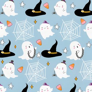 a blue background with white cats and black witches Pastel Blue Halloween Teal Ghost Pattern, Blue Halloween Aesthetic, Blue Ghost,