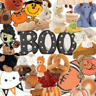 the word boo spelled out in many different types of pumpkins and other halloween related items Preppy Halloween Collage dark salmon
