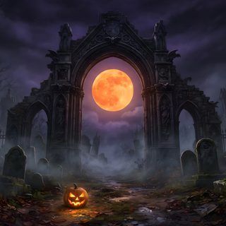 an image of a halloween scene with pumpkins in front of the entrance to a cemetery Halloween Graveyard dark slate gray