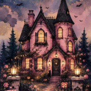 a painting of a pink house at night with bats and flowers on the front door Dark Pink Halloween Spooky Aesthetic, Halloween Lock Screen, Gothic Mansion, Halloween, Home, dark slate gray