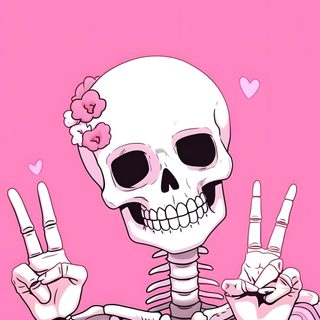a skeleton holding up two fingers in front of a pink background with the word love written on Pink Baddie Halloween Pink Skeleton Pfp, Pink Skeleton, Pink Skull Aesthetic,