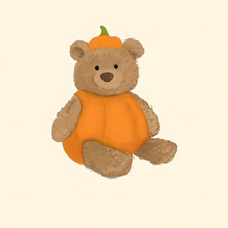 a brown teddy bear sitting on top of a white floor next to an orange pumpkin Jellycat Halloween old lace
