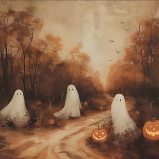 a painting of three ghost walking down a road with pumpkins Halloween Ipad With Ghosts Halloween Painting Aesthetic, Ghost And Pumpkin Painting, Pumpkin And Ghost Painting, sienna