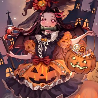 a girl dressed as a witch with pumpkins Nezuko Kamado Halloween Anime Halloween, Marcos Del Cuaderno De Notas, Cute Anime, Halloween, dim gray