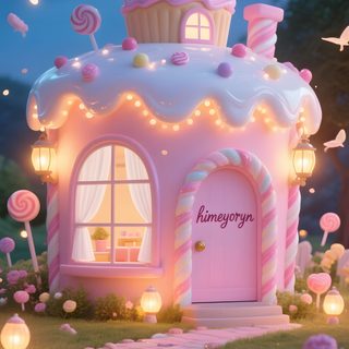 a pink fairy house with lights and candy canes Halloween Candy House Pink Candy House Design, Pink Candy House Illustration, Cupcake House, gray