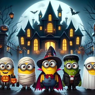 a group of minion halloween characters standing in front of a house with pumpkins Minions Halloween Minions Halloween Gif, Minion Halloween Desktop, Minion Witch, dark slate gray