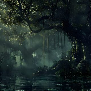 a swampy area with trees and water in the foreground Halloween Swamp Creepy Swamp Background, Swamp Background Hd, Fantasy Swamp, dark slate gray