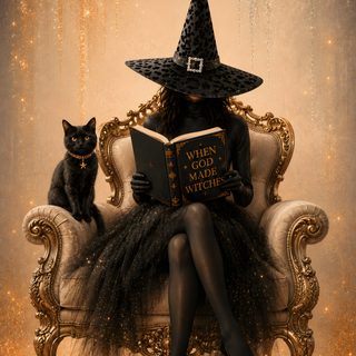 a witch reading a book while sitting on a chair with a black cat in her lap Halloween Witch sienna