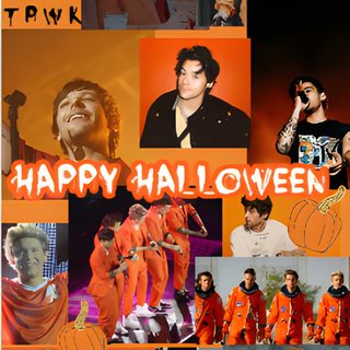 a collage of people dressed in orange and black with the words happy halloween written on them One Direction Halloween One Direction Thanksgiving, Aesthetic Halloween Boys, One Direction Pumpkin Stencil, sienna