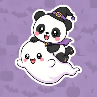 a panda bear sitting on top of a ghost Cute Halloween Panda dark gray
