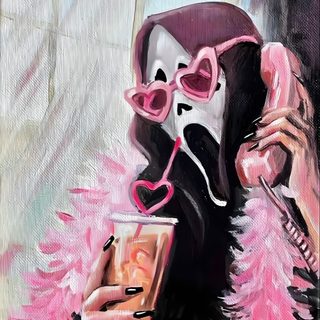 a painting of a woman with pink hair holding a drink and wearing a mask on her face Slay Halloween Cute Scream Painting, Scary Movie Rosado, Pink Ghostface Aesthetic, rosy brown