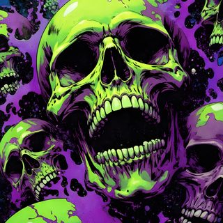 a bunch of green and purple skulls in the middle of a painting with black spots on it Purple And Green Halloween Green And Purple Skull Pattern, Green Aesthetic Skull Art, Green Background Skull Art, dark slate gray