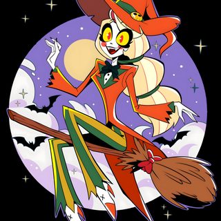 an image of a cartoon character flying on a broom with bats in the sky behind Happy Halloween Charlie Halloween Hazbin Hotel, Hazbin Hotel Halloween Merch, Hazbin Hotel Halloween, dark slate gray
